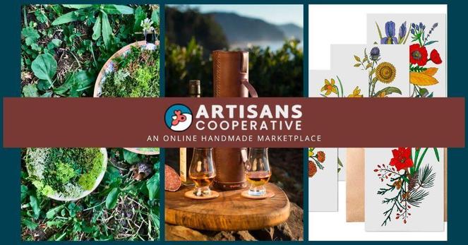 Promotional image labeled "Artisans Cooperative An Online Handmade Marketplace." Portrays different examples of artisanal work.
