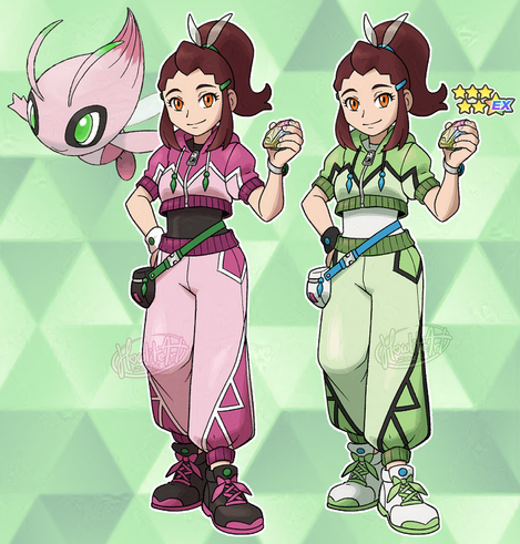 Digital art of a female Pokemon fan character with burgundy hair tied up in a ponytail and orange eyes. She is pictured with shiny Celebi, and is dressed in a pink and white tracksuit with green accents, black shoes, and a black hip-bag slung diagonally across her waist. An alternate colour version of her is shown next to her, with the black and white colors swapped and pale green instead of pink.