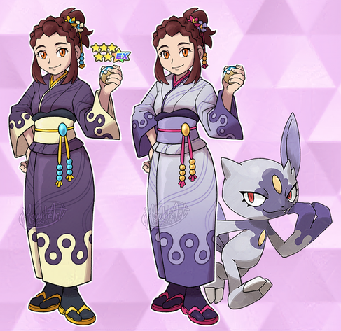 Digital art of a female Pokemon fan character with orange eyes, and burgundy hair tied up in a bun with floral kanzashi. She is pictured with Hisuian Sneasel, and is dressed in a lavender yukata with darker purple sleeves and bottom in a pattern that matches Sneasel's markings.  An alternate colour version of her is shown next to her, with a dark purple yukata tipped in off-white.