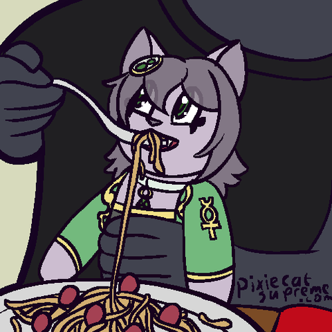 A gray cat with dark gray hair being held and fed spaghetti by a bigger cat with black fur. The little cat is smiling and looking up. In front of them is a big plate of spaghetti.