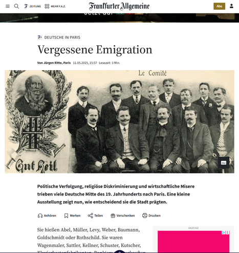 Screenshot des FAZ-Artikels, zeigt eine Visitenkarte des Deutschen Turnvereins in Paris und die Überschrift: Vergessene Emigration.