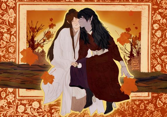 A illustration of Hua Cheng and Xie Lian from Heavens Officials Blessing. They are both curled up on a log Hua Cheng is kissing Xie Lians cheek and there is a white flower in Xie Lian. There’s an orange sunset behind them and are framed in a story book style with an orange and gold frame.