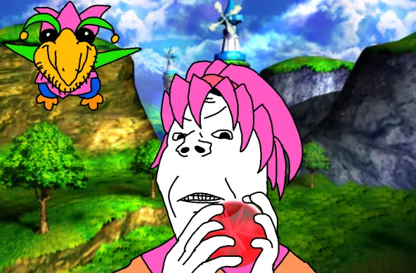 soyjak of claris, a female protagonist of nights into dreams, holding a red ideya orb, with a visibly upset expressien. behind her is a soyjak of hollow, an owl-like nightmaren. the background is a screenshot of spring valley, one of the levels in the game