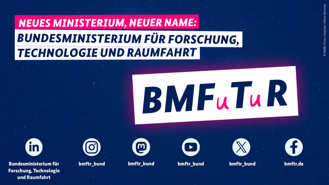 Information über das neue Bundesministerium für Forschung, Technologie und Raumfahrt mit neuem Namen BMFTR. Social-Media-Icons unten.