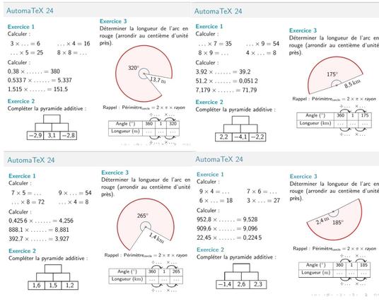 Capture d'écran de 4 automatique différents avec chacun trois exercices un exercice sur les tables de multiplication et la multiplication de nombres décimaux ; une pyramide additive avec des nombres décimaux négatifs et un dernier exercice sur le calcul de la longueur d'un arc associé un tableau proportionnalité.