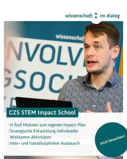 CZS STEM Impact School. In fünf Modulen zum eigenen Impact-Plan. Strategische Entwicklung individueller Wisskomm-Aktivitäten. Inter- und transdisziplinärer Austausch. Jetzt bewerben! Foto von einer Person, die Input in Workshop gibt.
