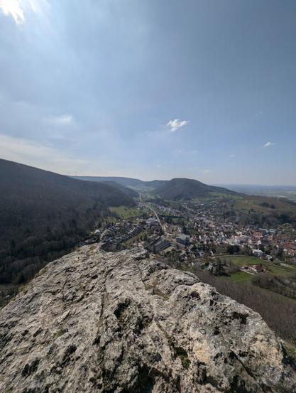 View from the the top of the Rosenstein, a 735 m high mountain in the Swabian Jura, over the small town of Heubach.