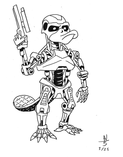 ink drawing of a terminator robotic endoskeleton, with squat proportions, a duck bill, diamond plate beaver tail, and webbed clawed feet