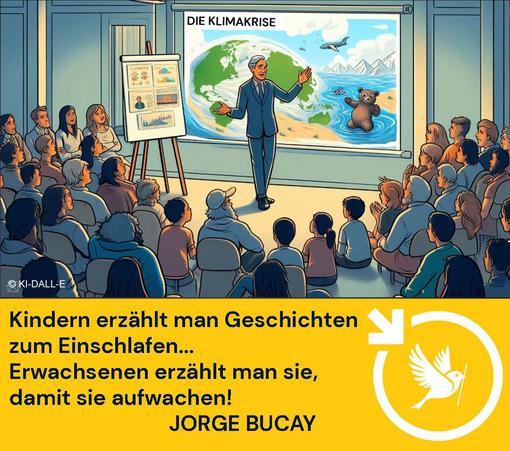 Ein Mann erzählt einem interessierten Publikum, eine spannende Geschichte zum Thema Klimakrise. Die Menschen sind sehr in seinen Bann gezogen und wirken äußerst aufmerksam. Hinter dem Mann ist ein großes Bild mit einer in der Hitze schmelzenden Weltkugel über die ein Flugzeug fliegt. Ein hilfesuchender Bär steht im Wasser, das die Weltkugel umspült.
Auf der Bande unter dem Bild steht: "Kindern erzählt man
 Geschichten zum Einschlafen.
 Erwachsenen, damit sie aufwachen.
 JORGE BUCAY "
Unten rechts ist unser Logo: der Ulmer Spatz im Pfeilkreis von LocalZero. (Pfeilkreis bedeutet: Ein Kreis, an dessen oberer linken Seite ein Pfeil nach unten weist)