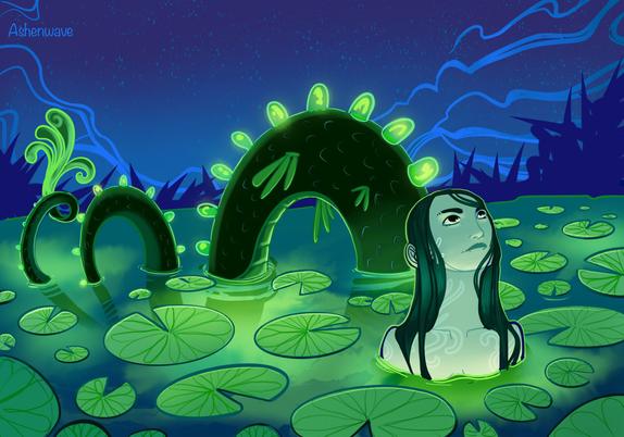 Digital illustration of a mermaid in a pond looking at the night sky, surrounded by water lilies.