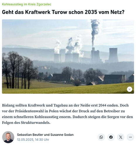 Bildschirmfoto eines Artikels der Sächsischen Zeitung mit dem Titel "Kohleausstieg im Kreis Zgorzelec - Geht das Kraftwerk Turow schon 2035 vom Netz?"