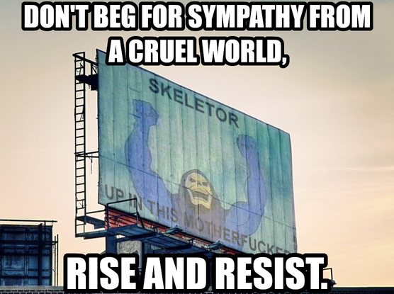 Don't beg for sympathy from a cruel world, rise and resist.