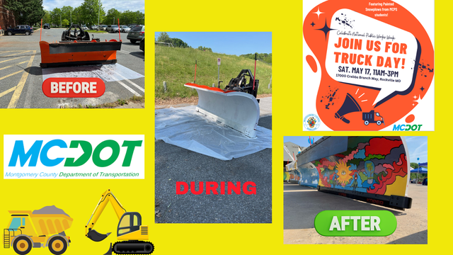 mcdot logo with a images of a snow plow without any paint, snowplow with the front painted white and one painted with a design from one of our participating Montgomery County Middle Schools - truck day logo