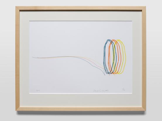 The print by the German artist Swaantje Güntzel shows a pattern which was inspired by the movement of the space telescope "Gaia" which was launched by the European Space Agency in 2013. Three lines which mirror each other, one in blue, one in orange and one in yellow follow the journey of the telescope in space. The line starts on the left side of the sheet, goes from left to right , stops after covering 2/3 of the sheet and then changes into a circle which is repeated. The couloured lines are printed on white paper as a risography.