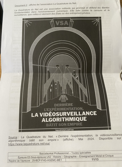 Photo sur la VSA de la quadrature du net dans le sujet de bac pro !