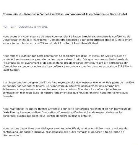 Lettre du «asset manager» de l'axis parc qui informe que l'événement a été annulé et que celui-ci n'était pas aligné avec les valeure de l'axis parc.