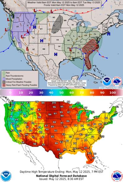 Valid 12Z Mon May 12 2025 - 12Z Wed May 14 2025

...Thunderstorms and heavy rain from the Southeast to the Mid-Atlantic...

...Showers and storms in the Northwest; seasonally cool in the East and
trending cooler in the West...

...Record heat for the Northern and Southern Plains...