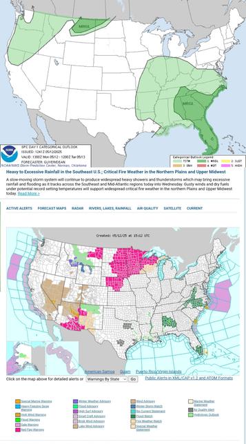 Valid 12Z Mon May 12 2025 - 12Z Wed May 14 2025

...Thunderstorms and heavy rain from the Southeast to the Mid-Atlantic...

...Showers and storms in the Northwest; seasonally cool in the East and
trending cooler in the West...

...Record heat for the Northern and Southern Plains...Heavy to Excessive Rainfall in the Southeast U.S.; Critical Fire Weather in the Northern Plains and Upper Midwest
A slow-moving storm system will continue to produce widespread heavy showers and thunderstorms which may bring excessive rainfall and flooding as it tracks across the Southeast and Mid-Atlantic regions today into Wednesday. Gusty winds and dry fuels under potential record setting temperatures will support widespread critical fire weather in the northern Plains and Upper Midwest today.