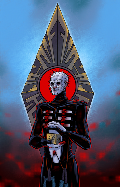 Hell Priest (or Pinhead) from Hellraiser, holding the "box". With the Leviathan behind him.