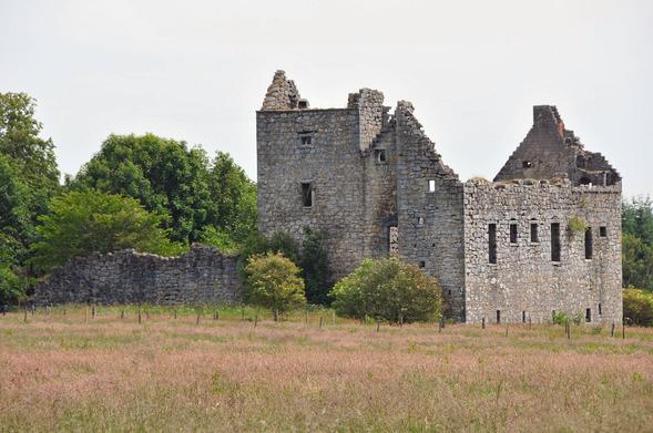 Torwood Castle. The image shows a view over a field in the foreground to the extensive ruins of a castle built from light grey stone. There’s a tower in the centre and a large range on the right, then a lower wall on the left, with trees beyond it. The scene is in flat grey light.