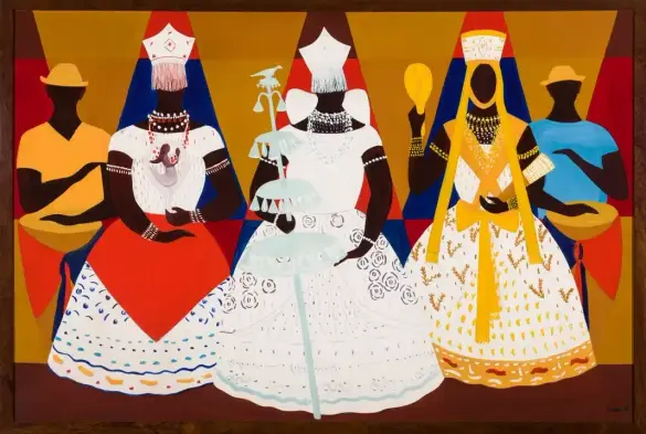 In the centre, three black people in white dresses, white collars and white headdresses;
On either side, but smaller, a black man playing the drum.

Djanira da Motta e Silva - Three orixás (1966) - Collection of the Pinacoteca de la Estado de São Paulo