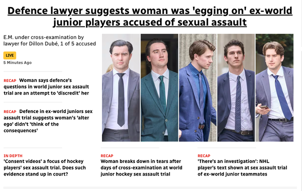 A screenshot from the CBC shows a picture of the 5 defendants all wearing various suits, looking respectable while the headline screams: “Defence lawyer suggests woman was ‘egging on’ ex-world junior players”