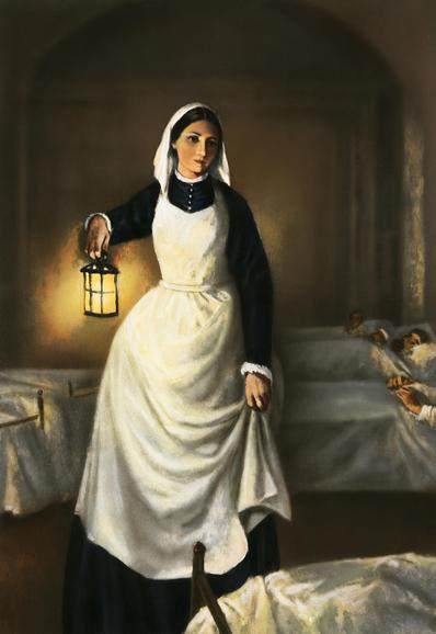 Quadro raffigurante Florence Nightingale nella corsia di un ospedale, con una lanterna in mano.