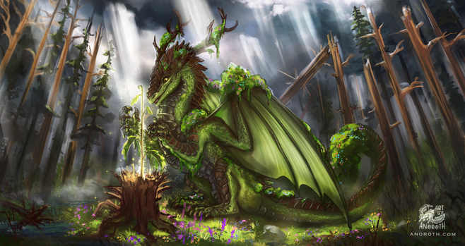 Green nature dragon growinga new tree out of dead stump in the middle of a forest. There are a lot of broken trees after the storm Artwork painted by Anoroth