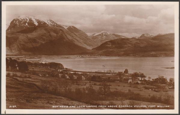 Sepia real photographic postcard showing a view of the village of Corpach near Fort William in Inverness-shire, on the shores of Loch Linnhe and with Ben Nevis in the background.

Published by J.B. White Ltd, Dundee, Best of All Series, No 5127, c.1950.

Postally unused.

Very good condition, with minimal corner bumps and light album marks.
