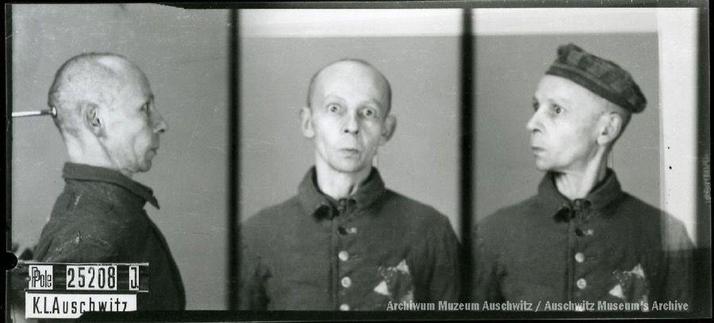 A mugshot registration photograph from Auschwitz. A man with a shaved head wearing a striped uniform photographed in three positions (profile and front with bare head and a photo with a slightly turned head with a hat on). The prisoner number is visible on a marking board on the left.