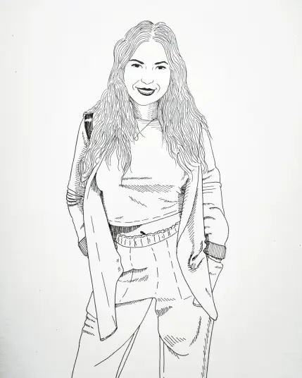An ink drawing of a woman in a jacket smiling.
