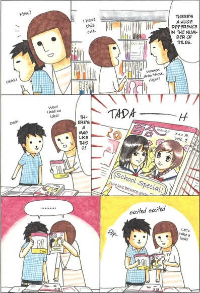 Sapphic couple reading a yuri manga.