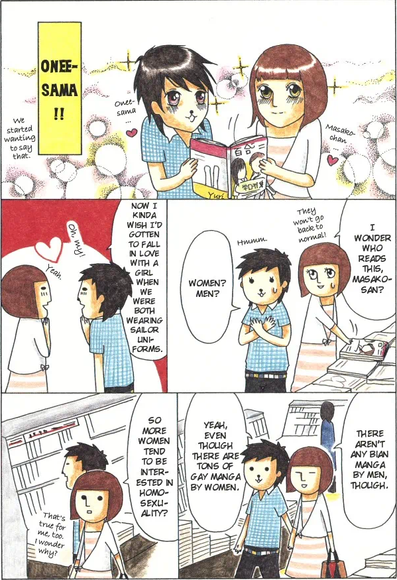 Sapphic couple's eyes get all sparkly after reading the yuri manga. Then they wonder why most BL and GL is written by women.