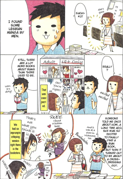 The sapphic couple discovers some dirty yuri manga made by men. Then they talk about finding a crossdressing manga and mistaking it for yuri.