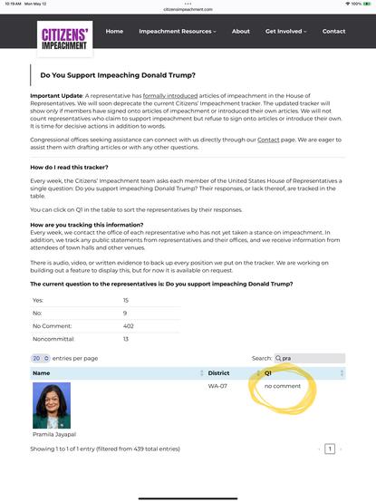 Screenshot showing Rep. Jayapal as "No Comment" with regards to impeachment of Trump on the Citizens Impeachment website. Date: May 12, 2025