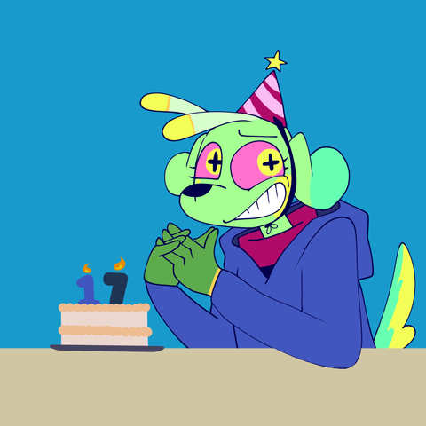 my fursona smiling awkwardly, leaning towards a cake