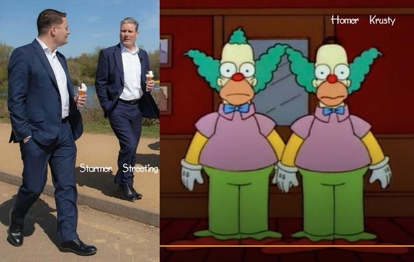 Dual image.

Left hand side: Wes Streeting and Keir Starmer dressed identically in blues suits,  with the same haircut and both eating the same ice-creams.  Labelled "Starmer Streeting," in reverse order because they're indistinguishable.

Right hand side: Krusty the Klown and Homer Simpson both dressed identically, right down to the green wig. Labelled "Homer Krusty" in reverse order because they're indistinguishable.