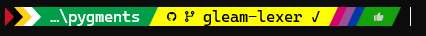 Multicoloured Starship shell prompt; the first segments the colours of the flag of Guyana (current directory in green), the Git status is yellow, then three segments are coloured pink, purple and blue