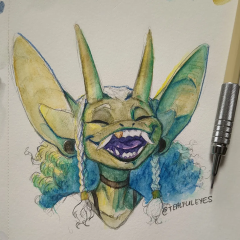 Watercolour sketch portrait by Tealful eyes of an Imp laughing.