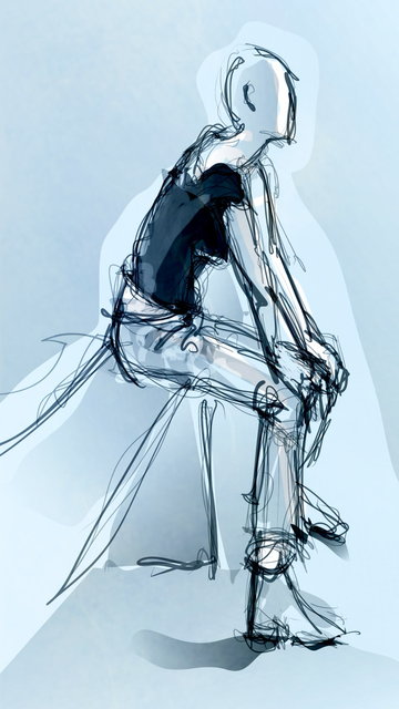 Very sketchy, messy sketch of a mannequin wearing trousers and cropped top. Seated with hands on knees.