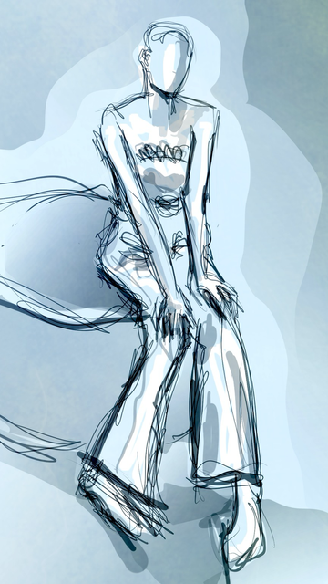 Very sketchy, messy sketch of a mannequin wearing trousers and a cropped top. Sitting with hands on knees.
