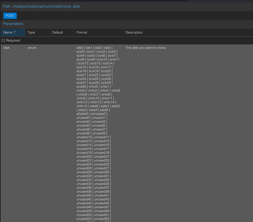 Proxmox API page displaying huge enum for VM move_disk command, disk param, it includes ide0, ide1, ide2... scsi0, scsi1..., unused0...unused255 (not all visible on screenshot)