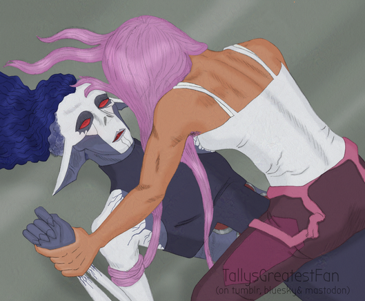 ID: Digitally colorized pencil drawing showing Hordak on his back, being pinned down by Entrapta who straddles him. He is a very skinny bat like alien with pointy ears and red eyes, and she is, except for the purple prehensile hair, a human looking, wiry woman with brown skin, wearing an pulled down overall and tank top. He has his mouth open and is blushing.