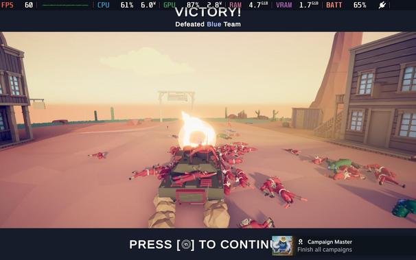 Screenshot of a TABS victory screen with a tank shooting a dude in the face. In the bottom right corner, an achievement notification: "Campaign Master: Finish all campaigns"