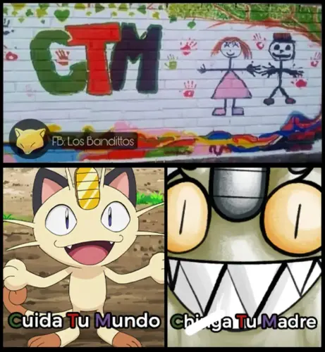 Es una foto de un mural infantil con las siglas CTM. Meowth de Kanto nos dice que significa Cuida tu mundo. Meowth de ganar todo locote: chinga tu madre
