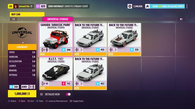 Screenshot from a video game showing cars included in a DLC pack