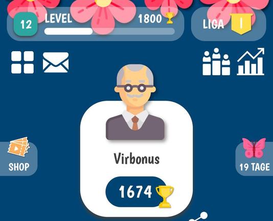 Screenshot der (wie man mir sagte weitgehend barrierearmen) App. User Virbonus ist mit 1674 Punkten in der Gold-Liga.