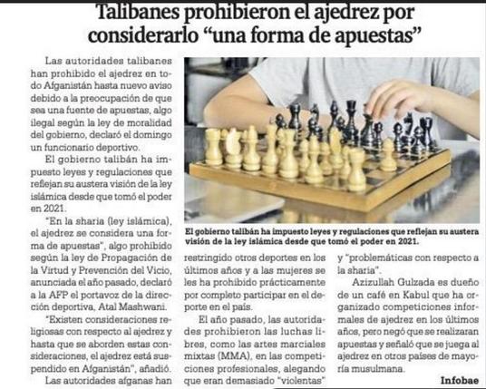 Talibanes prohibieron el ajedrez por considerarlo "una forma de apuestas "
