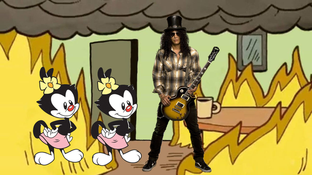 The "This is Fine" meme of a house on fire. Inside the house is two Dots from Animaniacs and a Slash from GnR.