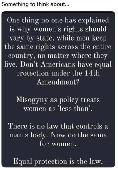Something to think about... One thing no one has explained is why women's rights shouldvary by state, while men keep the same rights across the entire country, no matter where they live. Don't Americans have equal protection under the 14th Amendment? Misogyny as policy treats women as 'less than'.

There is no law that controls a man's body. Now do the same for women.Equal protection is the law.
